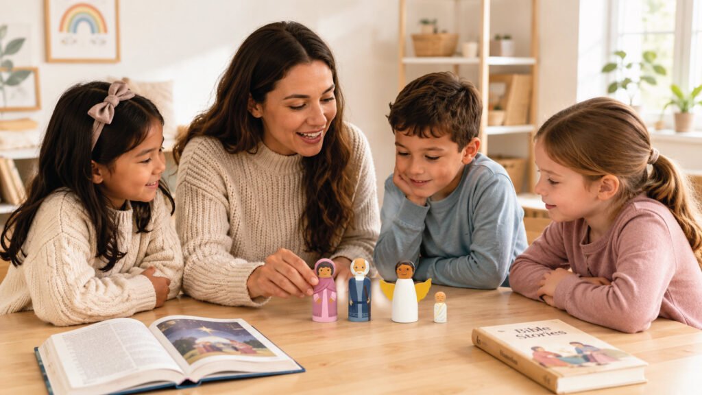 Teacher using Strorytelling Peg People to tell a Bible story to children
