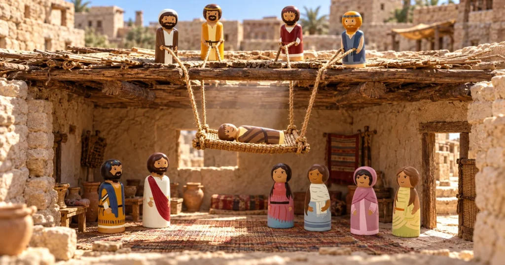 Paralysed man lowered through the roof – Mark 2:1–12; Matthew 9:1–8; Luke 5:17–26