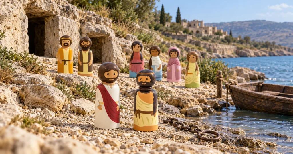 Jesus heals the demon-possessed man/men – Mark 5:1–20; Matthew 8:28–34; Luke 8:26–39