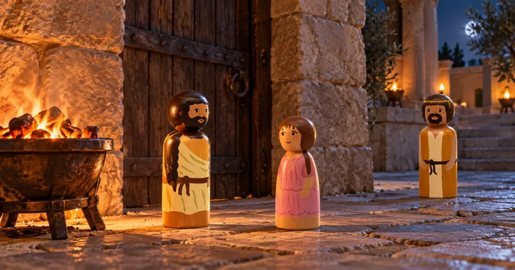 Peter denies Jesus – Matthew 26:69–75; Mark 14:66–72; Luke 22:54–62; John 18:15–18,25–27