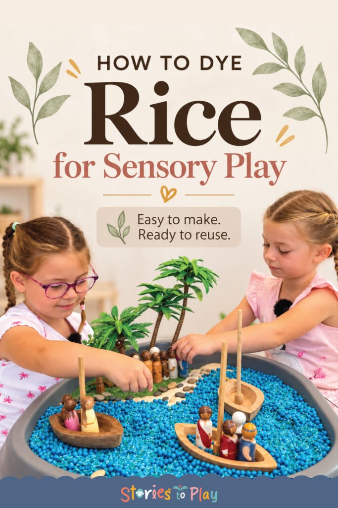 Coloured rice sensory bin with Storytelling Peg People
