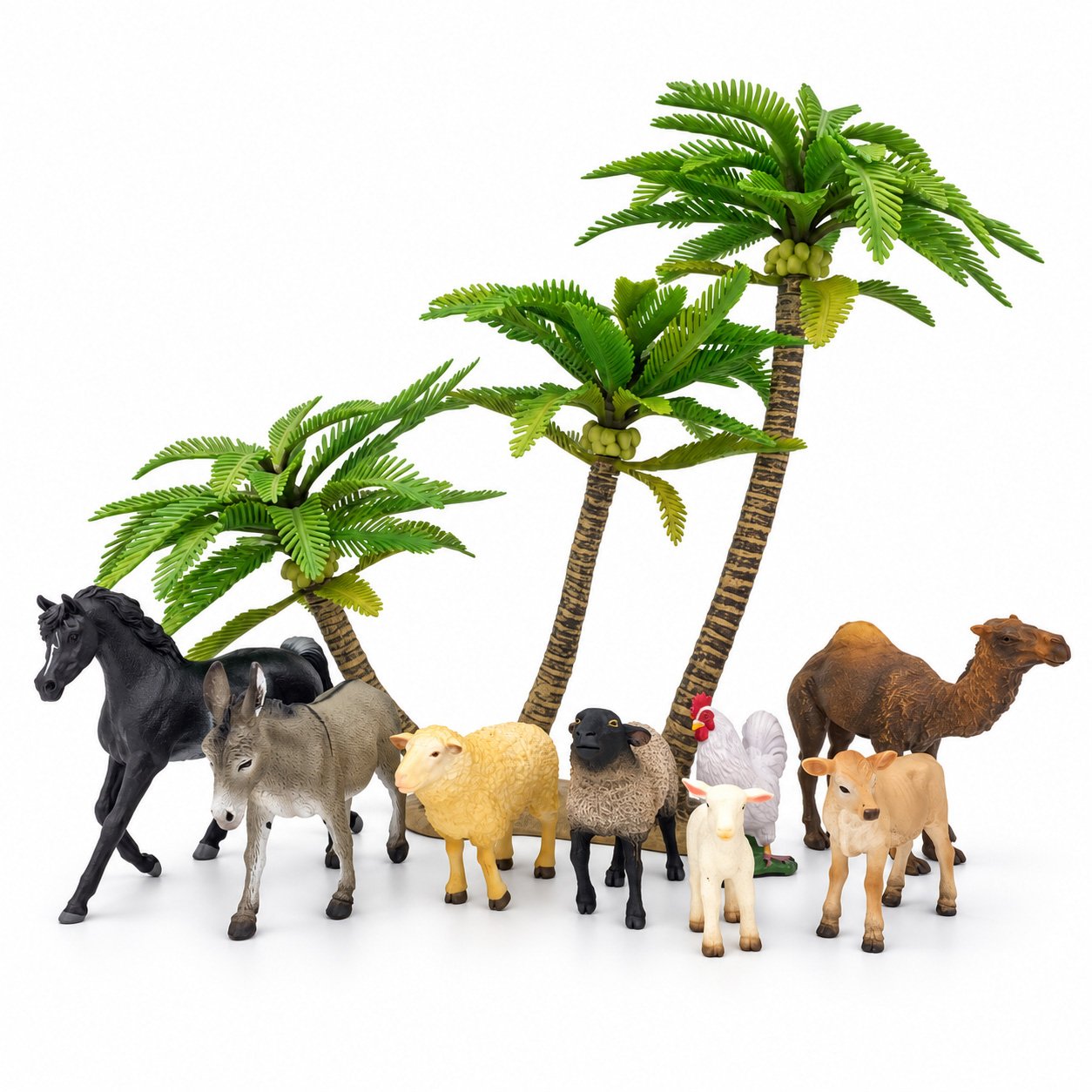 Nativity animal figurines and palm trees for Advent Calendar storytelling