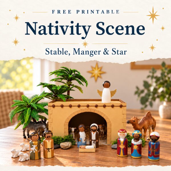 Printable Nativity scenery featuring a stable, manger and star