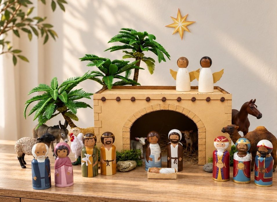 Nativity scene with Bible Storytelling Peg People and a printable stable