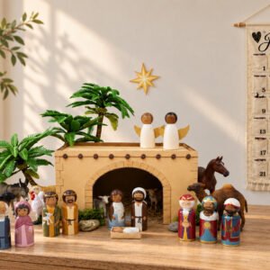 Nativity scene with Bible peg people, a printable stable, manger and Bethlehem star
